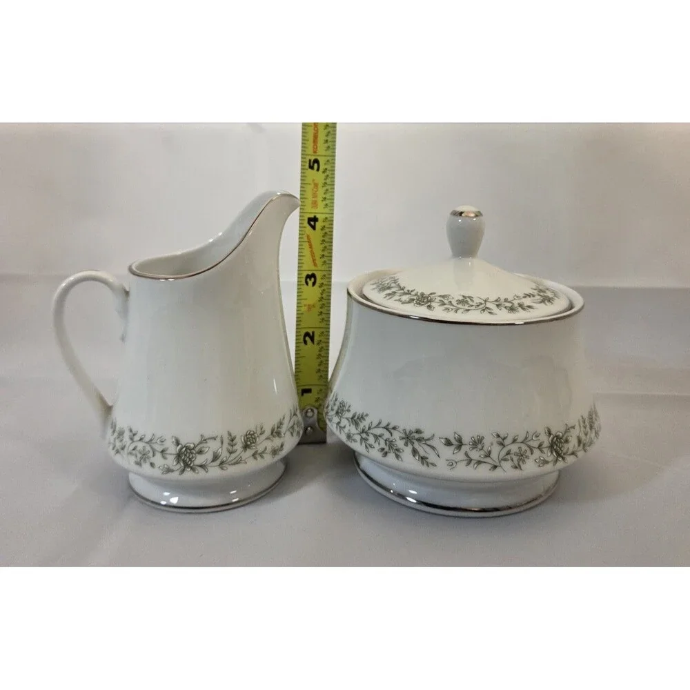 Vintage Mikasa Montclair G9059 Sugar Bowl w Lid & Creamer Set Japan Platinum‎